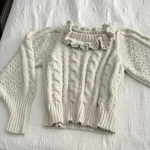 Love Shack Fancy Cozy Cream Cable Knit ruffle Sweater w poofy sleeves